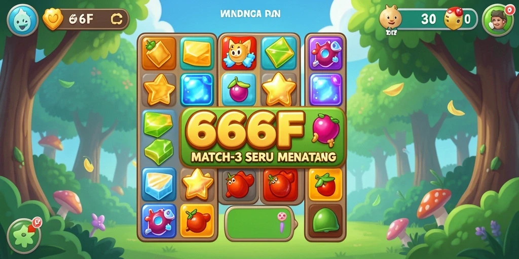 Tampilan screenshot permainan Match-3 yang menarik dan penuh warna.
