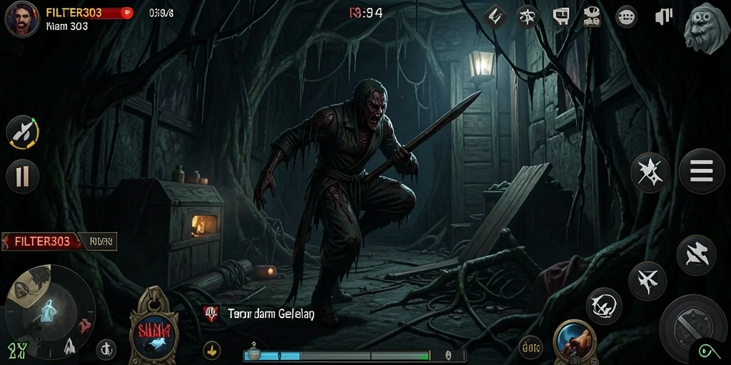Tampilan menakutkan dengan adegan gameplay yang mencekam.