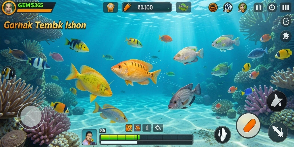 Tampilan gameplay GEMS365 dengan aksi menembak ikan yang seru.