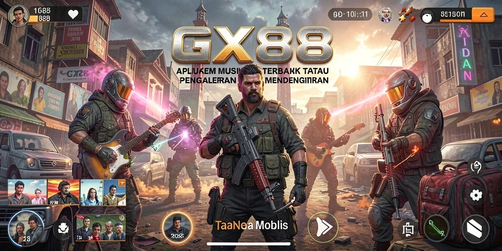 Screenshot gameplay GX88 menunjukkan antarmuka interaktif dan fitur alat musik.