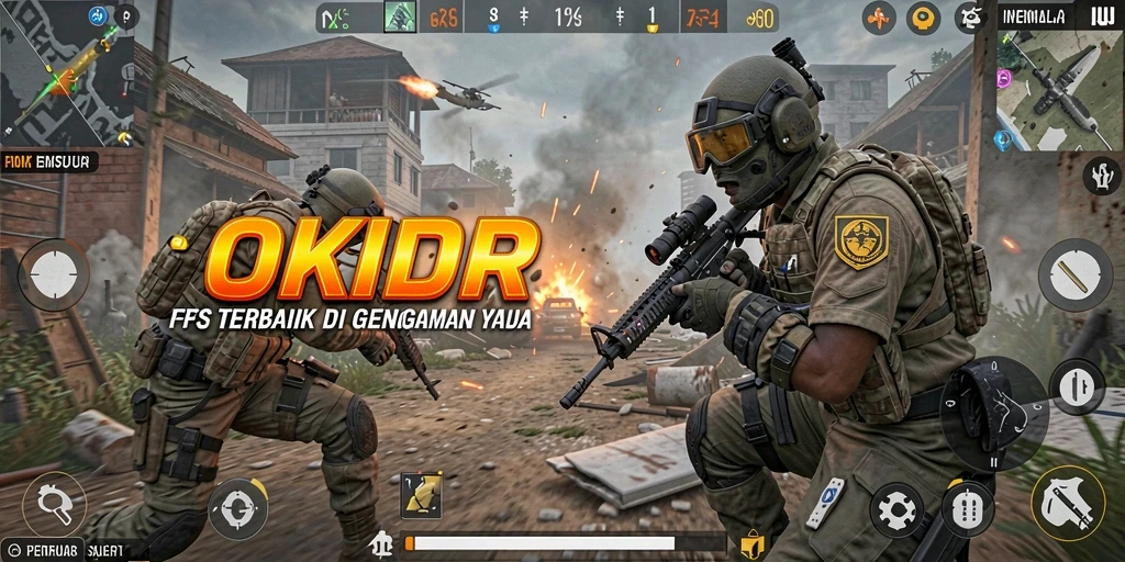 Screenshot utama OKIDR menampilkan aksi pertempuran FPS yang mendebarkan.