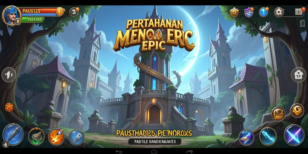 Screenshot utama PAUS123 menampilkan aksi menara pertahanan melawan gelombang musuh.