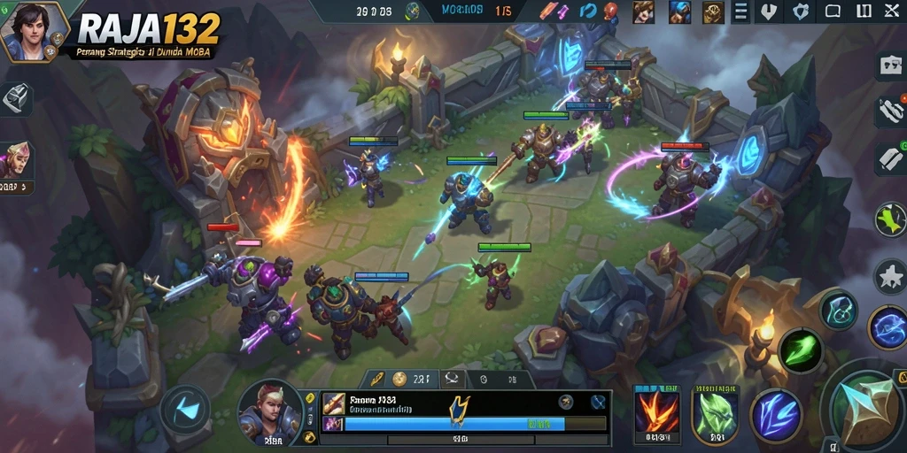 Gambaran laga seru di arena MOBA RAJA132.