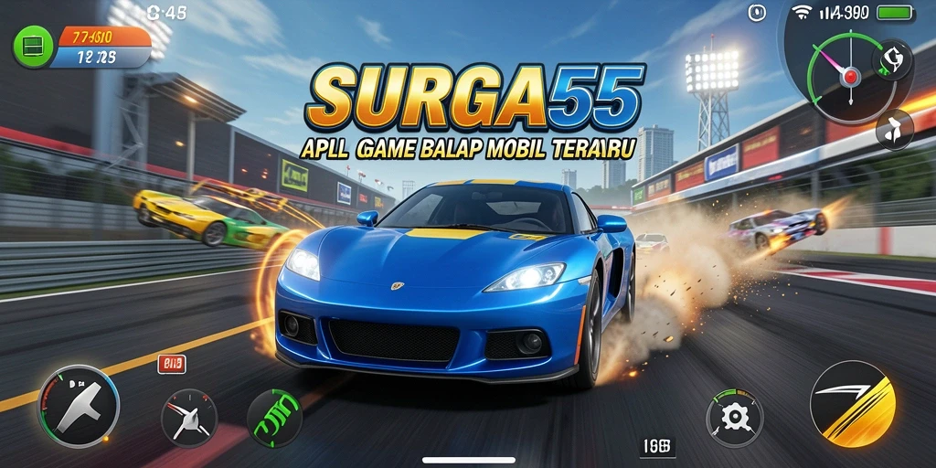 Gameplay SURGA55 yang mendebarkan dengan mobil balap keren.