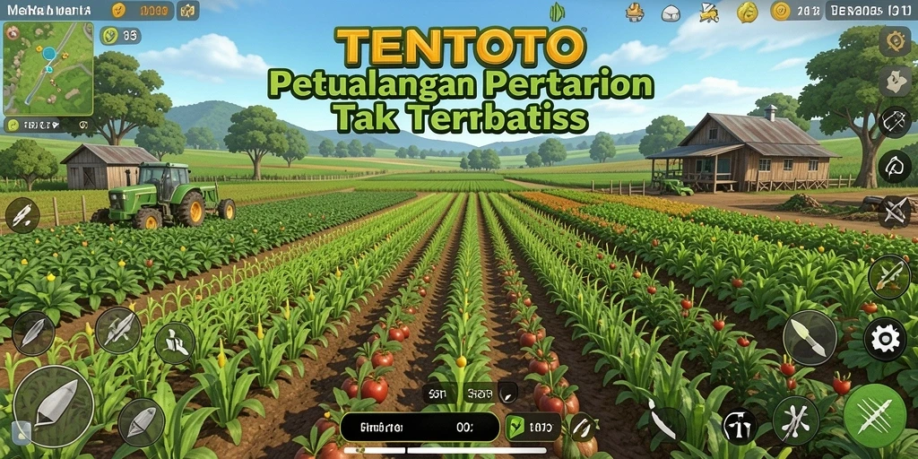 Screenshot gameplay TENTOTO yang menampilkan ladang yang indah dan aktivitas bercocok tanam.