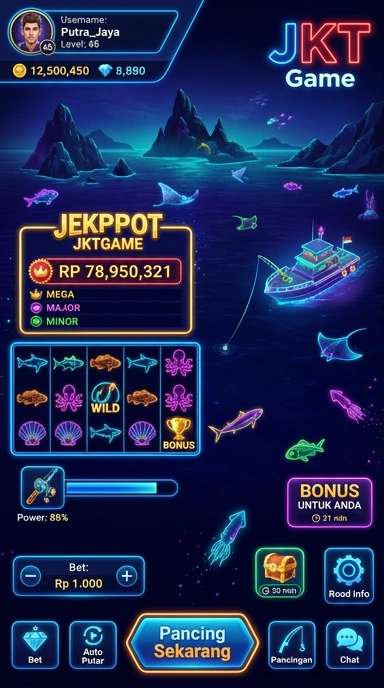 Screenshot aplikasi jktgame yang menunjukkan halaman utama dengan berbagai kategori.